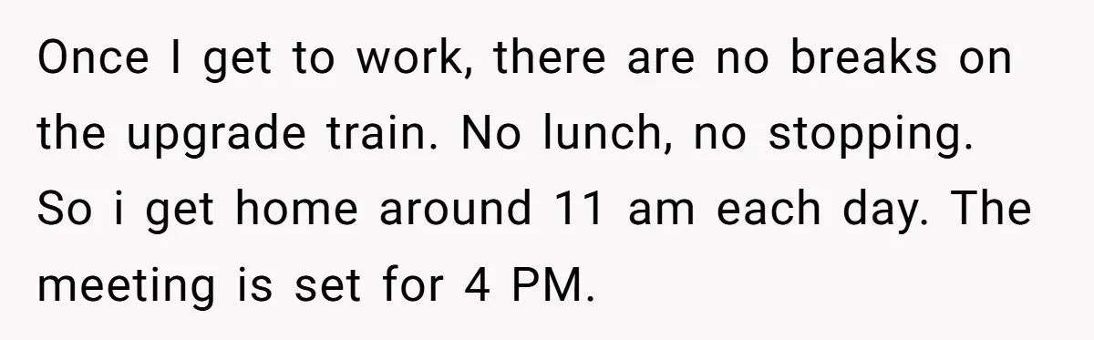 Once I get to work, there are no breaks on the upgrade train. No lunch, no stopping. So i get home around 11 am each day. The meeting is set...