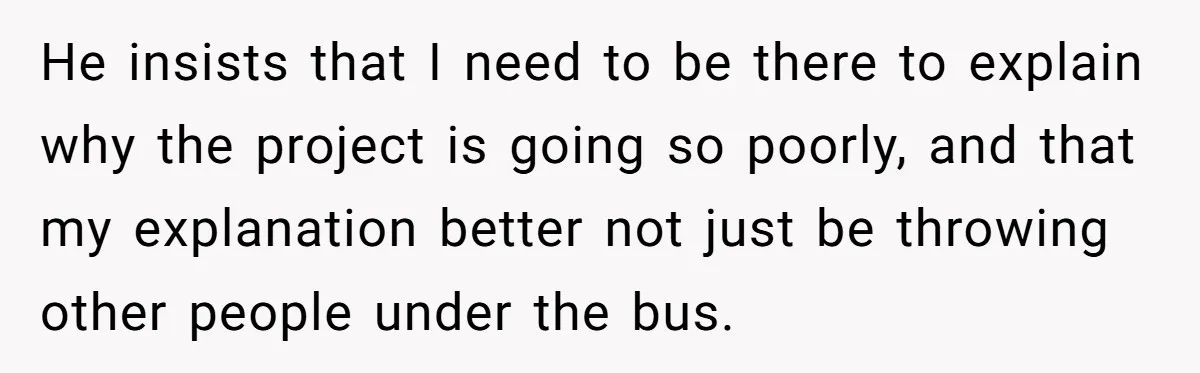 He insists that I need to be there to explain why the project is going so poorly, and that my explanation better not just be throwing other people under the...