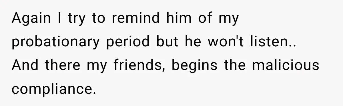 Again I try to remind him of my probationary period but he won't listen.. And there my friends, begins the malicious compliance.