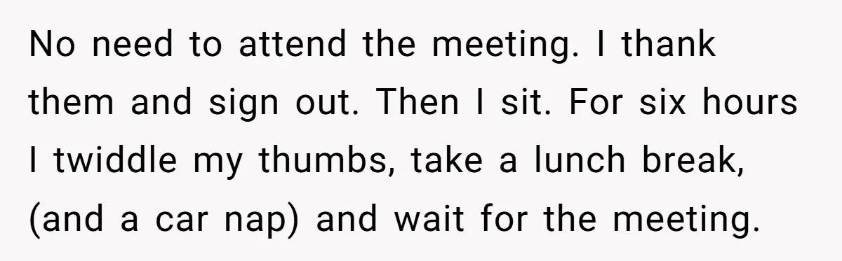 No need to attend the meeting. I thank them and sign out. Then I sit. For six hours I twiddle my thumbs, take a lunch break, (and a car nap)...