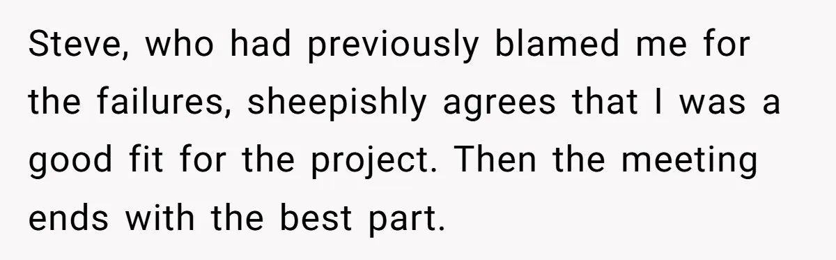 Steve, who had previously blamed me for the failures, sheepishly agrees that I was a good fit for the project. Then the meeting ends with the best part.