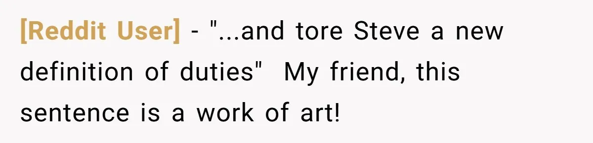 [Reddit User] − "...and tore Steve a new definition of duties" ​ My friend, this sentence is a work of art!