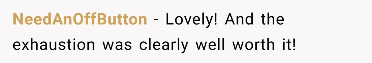 NeedAnOffButton − Lovely! And the exhaustion was clearly well worth it!