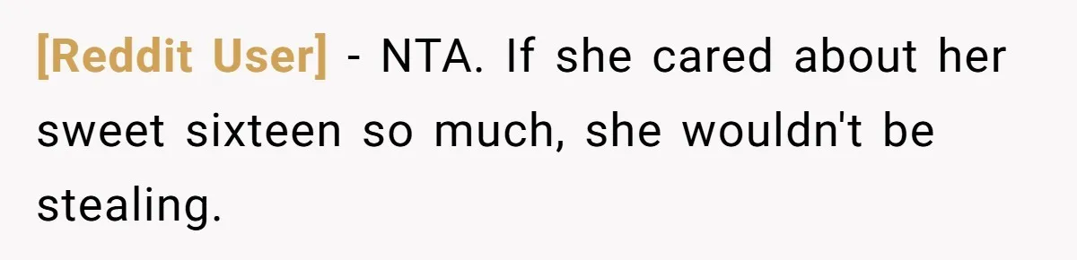 [Reddit User] − NTA. If she cared about her sweet sixteen so much, she wouldn't be stealing.