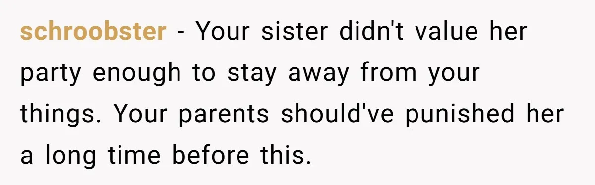 schroobster − Your sister didn't value her party enough to stay away from your things. Your parents should've punished her a long time before this.