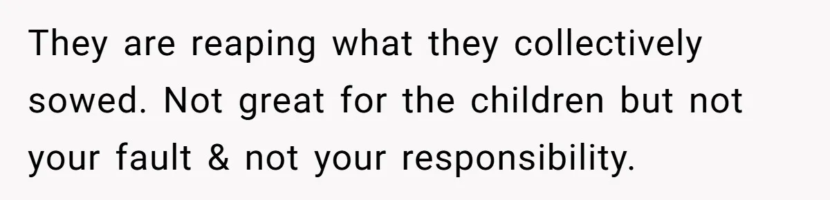 They are reaping what they collectively sowed. Not great for the children but not your fault & not your responsibility.