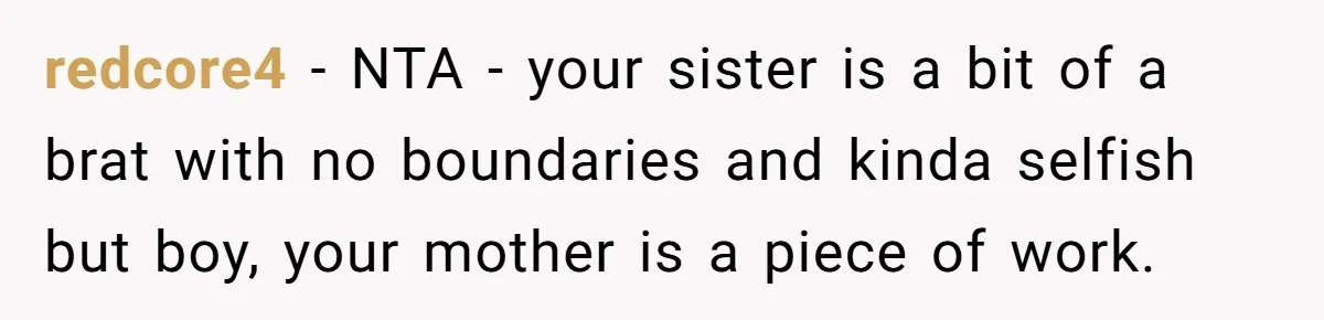 redcore4 − NTA - your sister is a bit of a brat with no boundaries and kinda selfish but boy, your mother is a piece of work.
