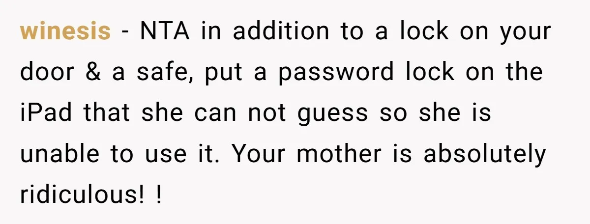 winesis − NTA in addition to a lock on your door & a safe, put a password lock on the iPad that she can not guess so she is unable...