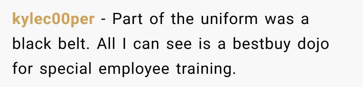 kylec00per − Part of the uniform was a black belt. All I can see is a bestbuy dojo for special employee training.