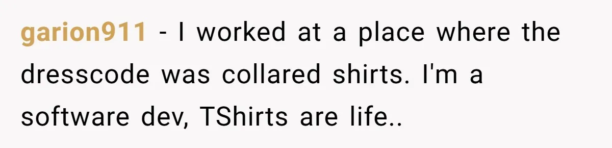 garion911 − I worked at a place where the dresscode was collared shirts. I'm a software dev, TShirts are life..