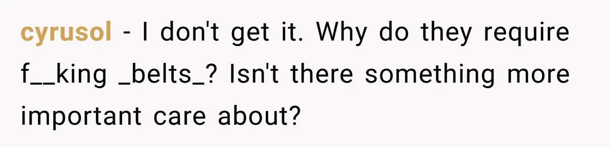 cyrusol − I don't get it. Why do they require f__king _belts_? Isn't there something more important care about?