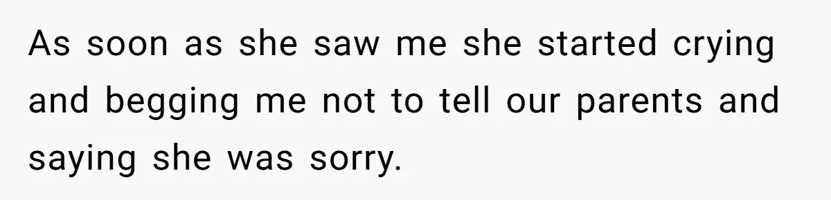 As soon as she saw me she started crying and begging me not to tell our parents and saying she was sorry.