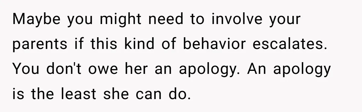 Maybe you might need to involve your parents if this kind of behavior escalates. You don't owe her an apology. An apology is the least she can do.
