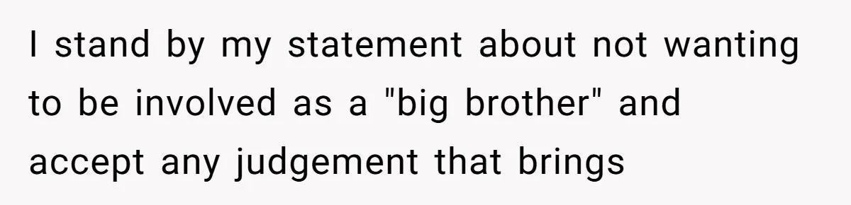 I stand by my statement about not wanting to be involved as a "big brother" and accept any judgement that brings