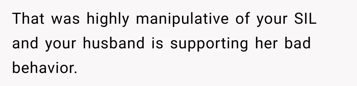 That was highly manipulative of your SIL and your husband is supporting her bad behavior.
