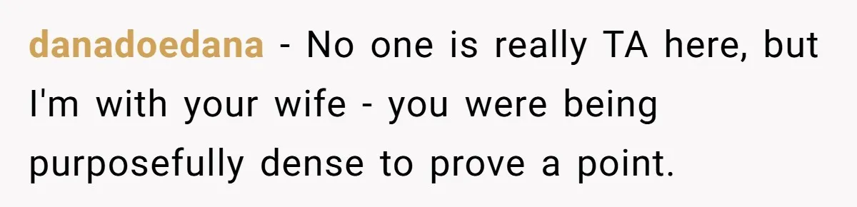 danadoedana − No one is really TA here, but I'm with your wife - you were being purposefully dense to prove a point.