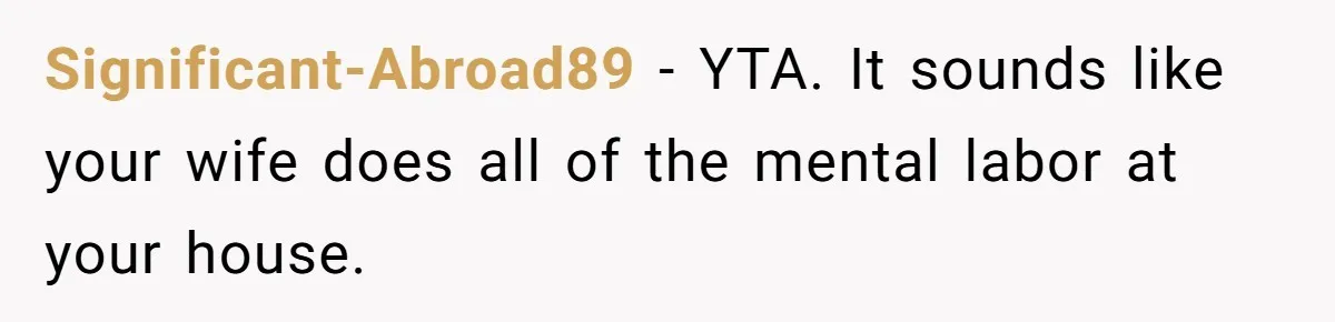 Significant-Abroad89 − YTA. It sounds like your wife does all of the mental labor at your house.