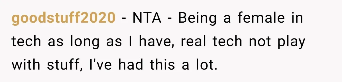 goodstuff2020 − NTA - Being a female in tech as long as I have, real tech not play with stuff, I've had this a lot.
