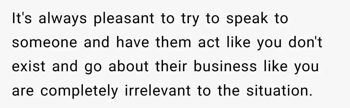 It's always pleasant to try to speak to someone and have them act like you don't exist and go about their business like you are completely irrelevant to the situation.