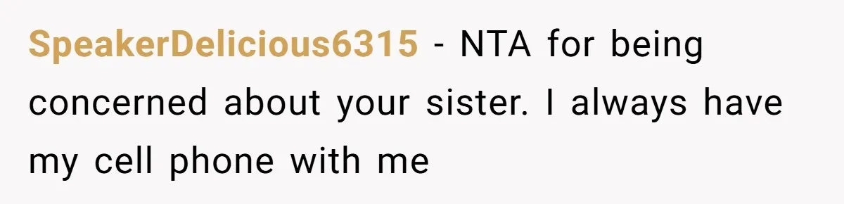 SpeakerDelicious6315 − NTA for being concerned about your sister. I always have my cell phone with me