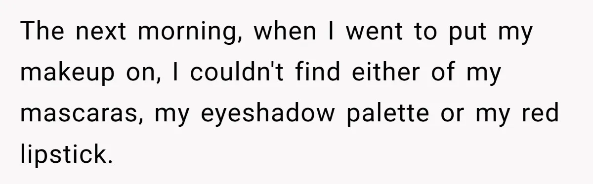 The next morning, when I went to put my makeup on, I couldn't find either of my mascaras, my eyeshadow palette or my red lipstick.