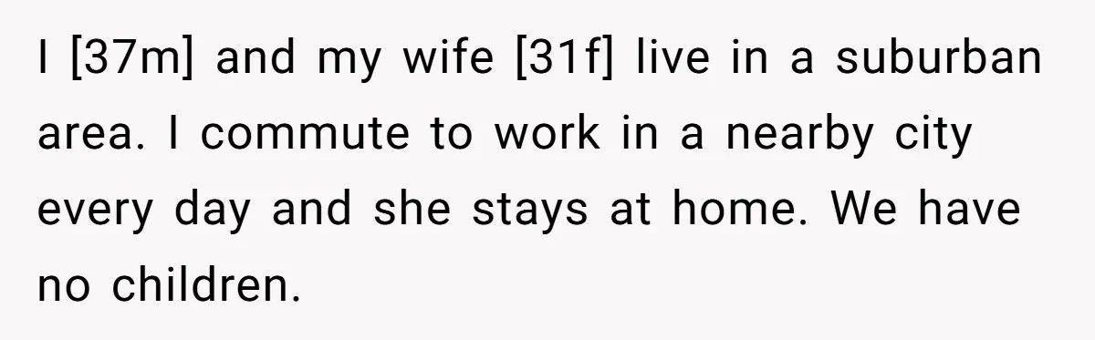 I [37m] and my wife [31f] live in a suburban area. I commute to work in a nearby city every day and she stays at home. We have no children.