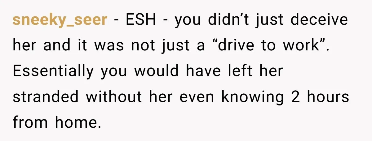 sneeky_seer − ESH - you didn’t just deceive her and it was not just a “drive to work”. Essentially you would have left her stranded without her even knowing 2...