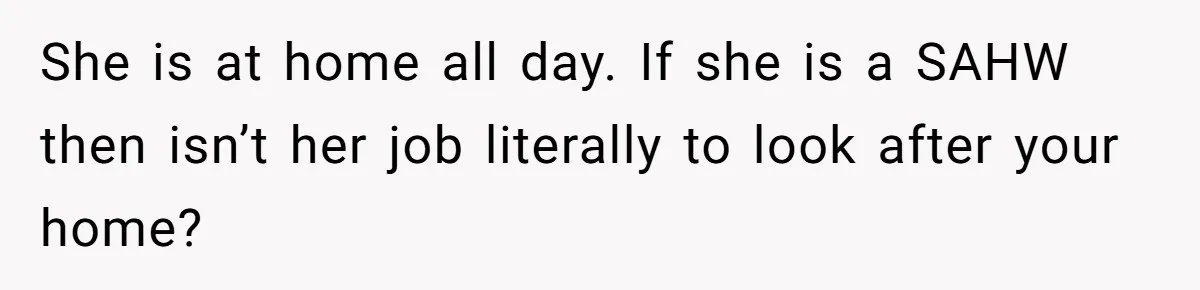 She is at home all day. If she is a SAHW then isn’t her job literally to look after your home?