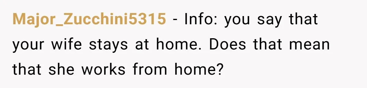 Major_Zucchini5315 − Info: you say that your wife stays at home. Does that mean that she works from home?