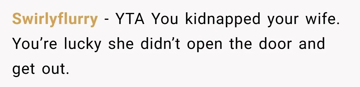 Swirlyflurry − YTA You kidnapped your wife. You’re lucky she didn’t open the door and get out.