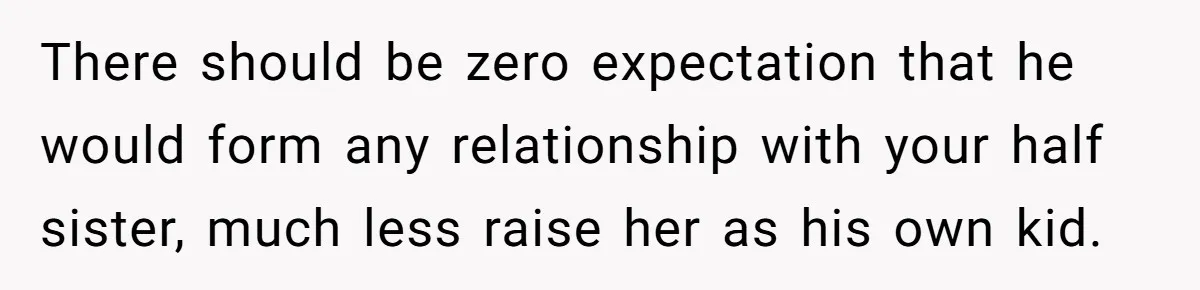 There should be zero expectation that he would form any relationship with your half sister, much less raise her as his own kid.