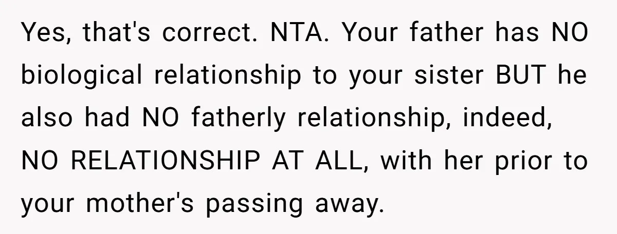Yes, that's correct. NTA. Your father has NO biological relationship to your sister BUT he also had NO fatherly relationship, indeed, NO RELATIONSHIP AT ALL, with her prior to your...