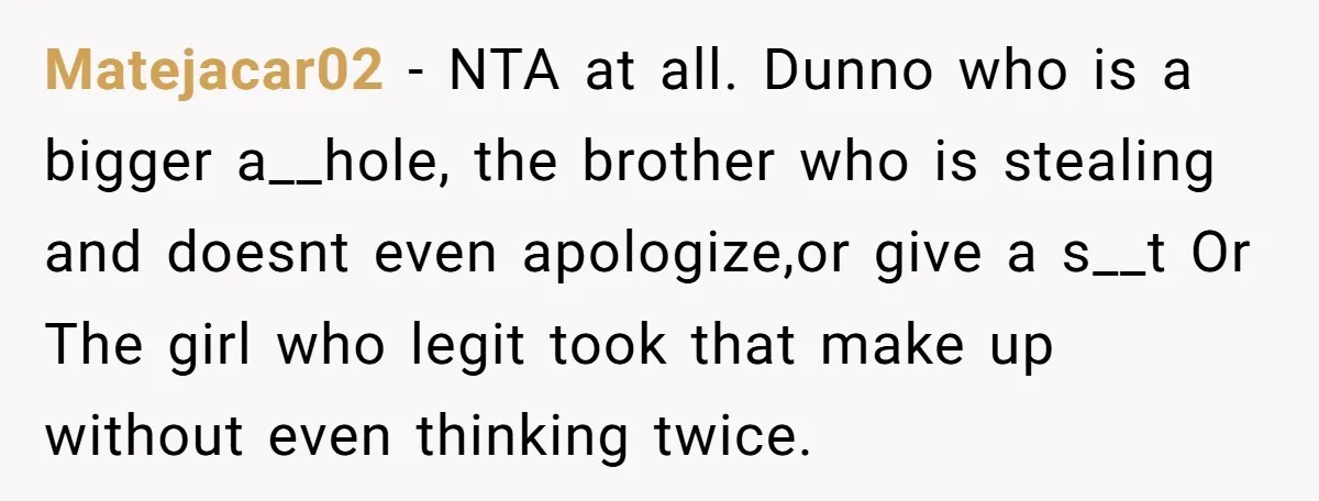 Matejacar02 − NTA at all. Dunno who is a bigger a__hole, the brother who is stealing and doesnt even apologize,or give a s__t Or The girl who legit took that...