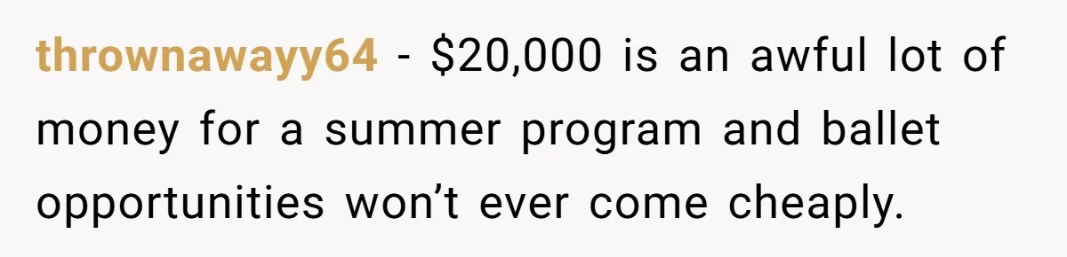 thrownawayy64 − $20,000 is an awful lot of money for a summer program and ballet opportunities won’t ever come cheaply.