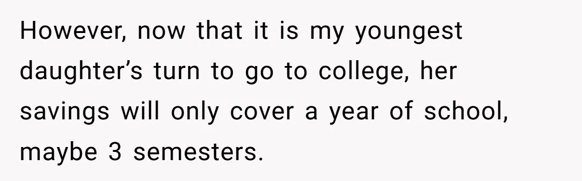 However, now that it is my youngest daughter’s turn to go to college, her savings will only cover a year of school, maybe 3 semesters.