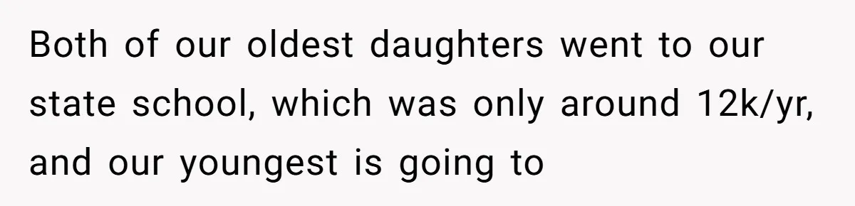 Both of our oldest daughters went to our state school, which was only around 12k/yr, and our youngest is going to
