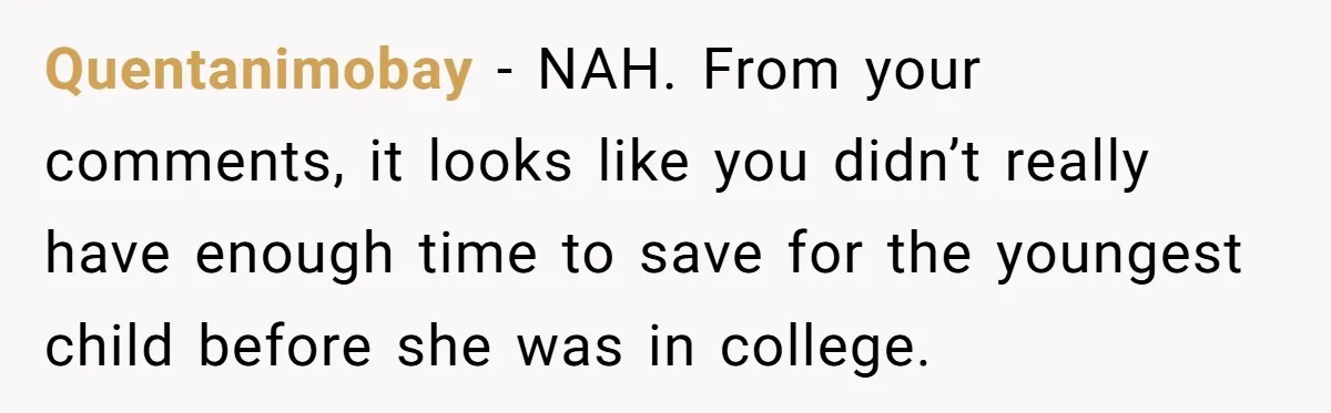Quentanimobay − NAH. From your comments, it looks like you didn’t really have enough time to save for the youngest child before she was in college.