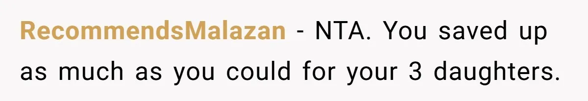 RecommendsMalazan − NTA. You saved up as much as you could for your 3 daughters.