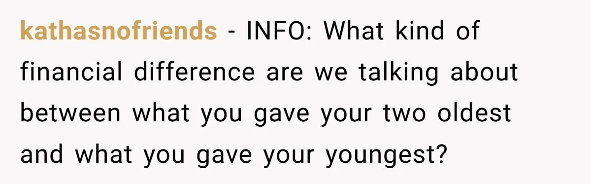kathasnofriends − INFO: What kind of financial difference are we talking about between what you gave your two oldest and what you gave your youngest?