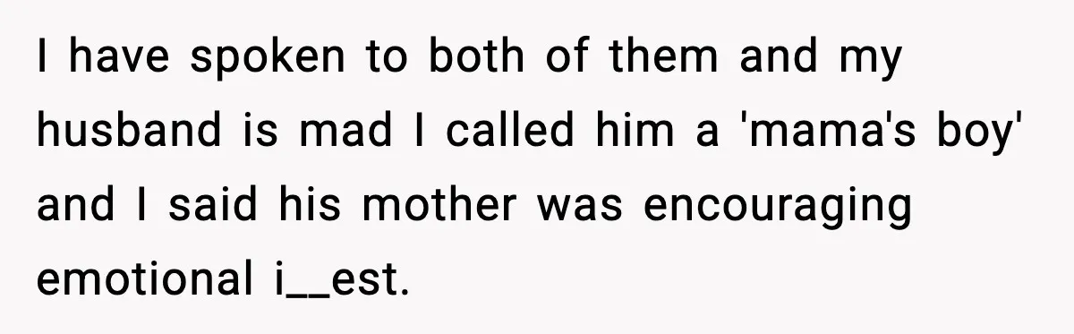 I have spoken to both of them and my husband is mad I called him a 'mama's boy' and I said his mother was encouraging emotional i__est.