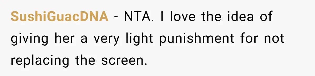 SushiGuacDNA − NTA. I love the idea of giving her a very light punishment for not replacing the screen.