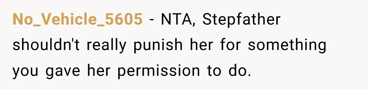 No_Vehicle_5605 − NTA, Stepfather shouldn't really punish her for something you gave her permission to do.