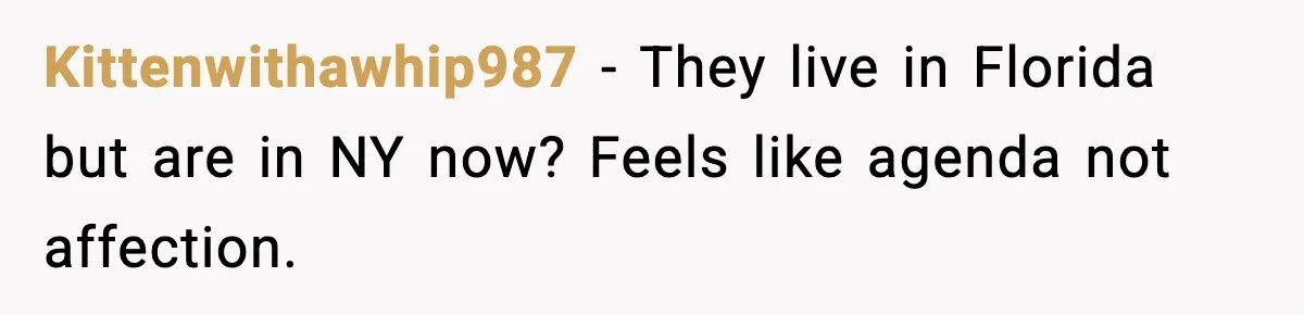 Kittenwithawhip987 - They live in Florida but are in NY now? Feels like agenda not affection.