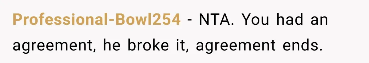 Professional-Bowl254 − NTA. You had an agreement, he broke it, agreement ends.