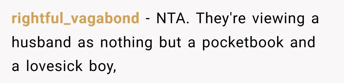 rightful_vagabond − NTA. They're viewing a husband as nothing but a pocketbook and a lovesick boy,