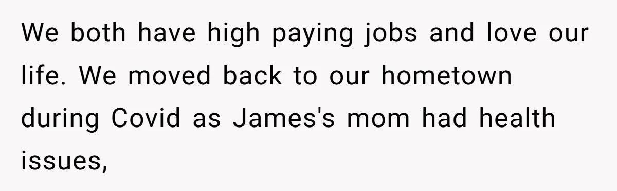 We both have high paying jobs and love our life. We moved back to our hometown during Covid as James's mom had health issues,