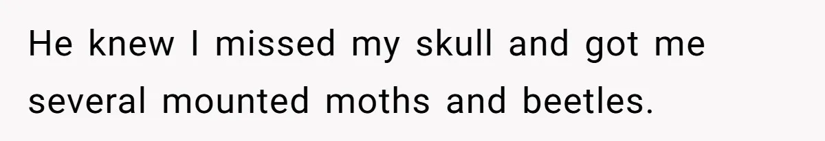 He knew I missed my skull and got me several mounted moths and beetles.