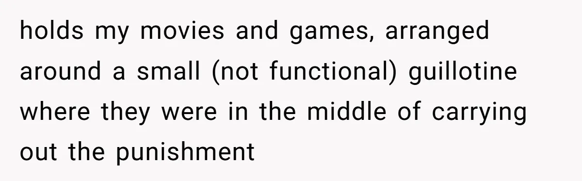 holds my movies and games, arranged around a small (not functional) guillotine where they were in the middle of carrying out the punishment