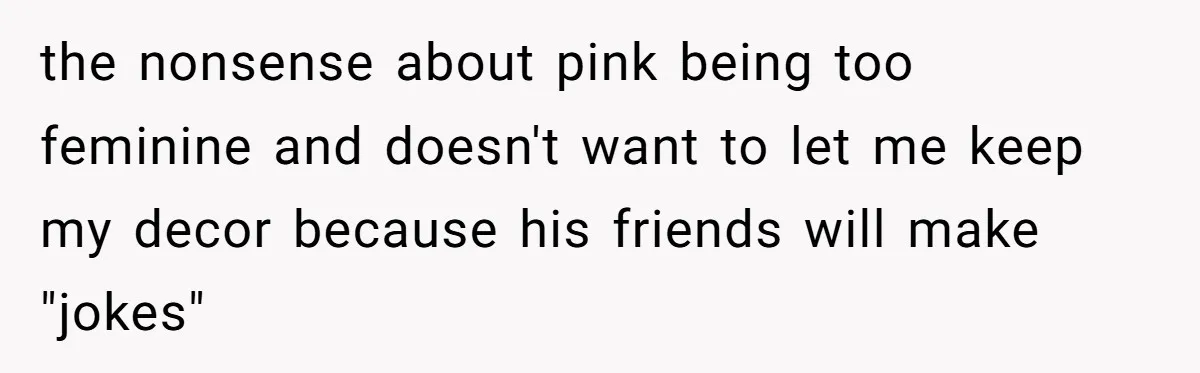 the nonsense about pink being too feminine and doesn't want to let me keep my decor because his friends will make "jokes"