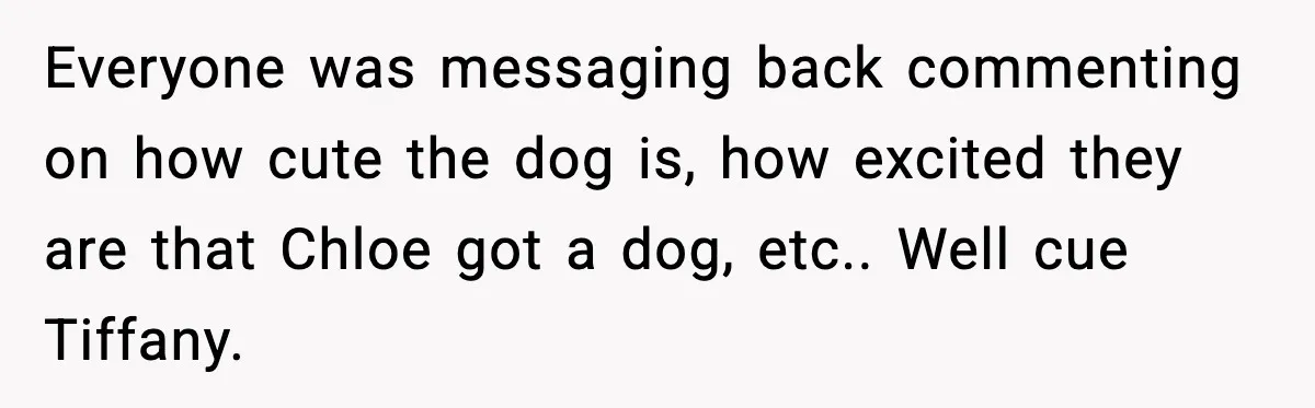 Everyone was messaging back commenting on how cute the dog is, how excited they are that Chloe got a dog, etc.. Well cue Tiffany.